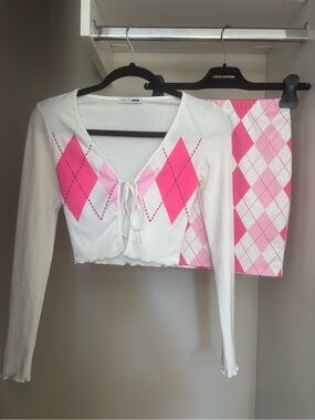 Coquette Preppy Argyle Matching Set Skirt & Tie Front Top Pink & White